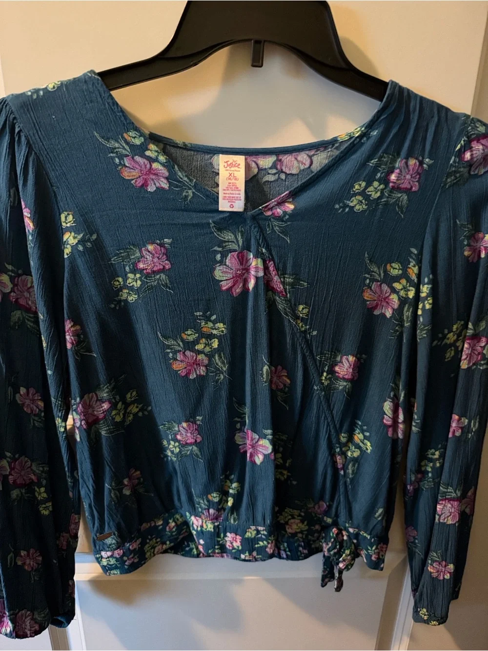 Justice Teal Long-Sleeve Floral Tie-Waist Top